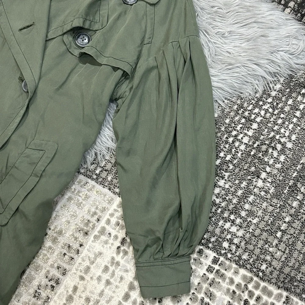 Free People Trench Coat Balloon Sleeve Double Breasted Belted Army Green Size S*